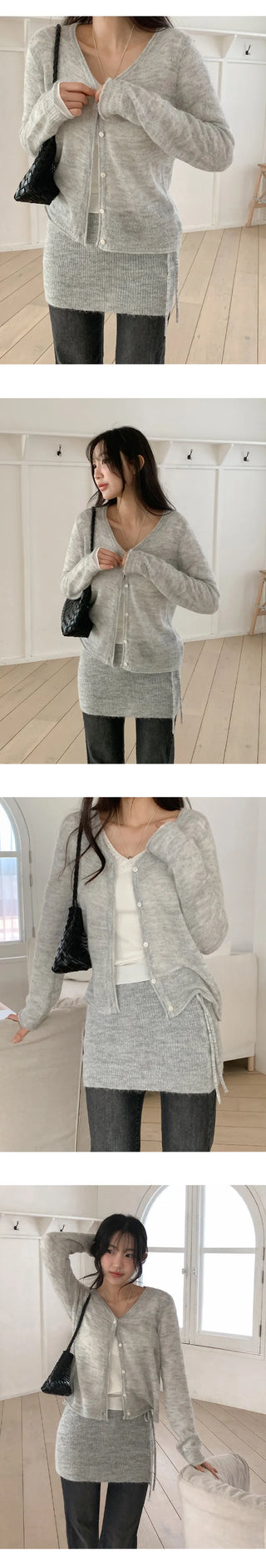 Mircorn V neck Long sleeve Knit Cardigan and String Skirt Set