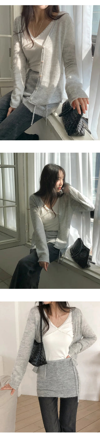 Mircorn V neck Long sleeve Knit Cardigan and String Skirt Set