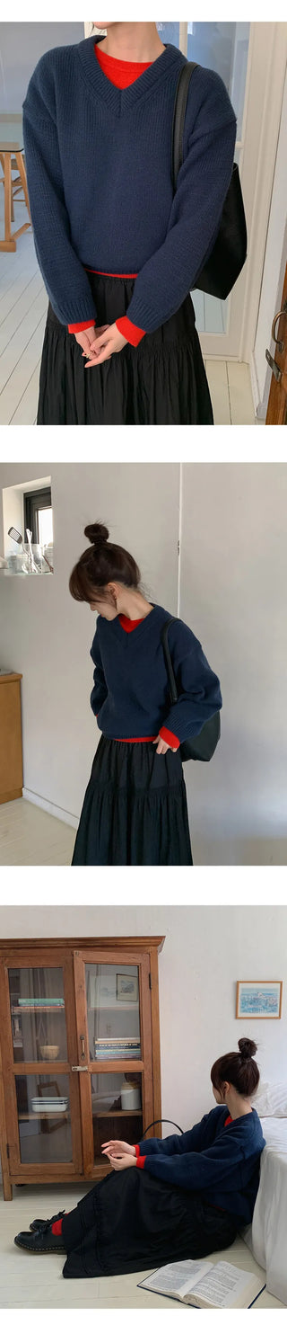 Ponyian V neck Thick Balloon Knit