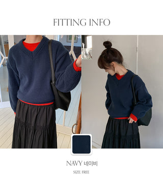 Ponyian V neck Thick Balloon Knit