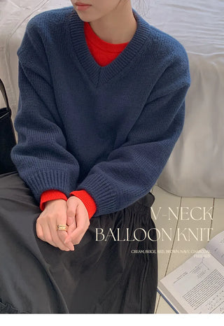Ponyian V neck Thick Balloon Knit