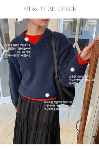 Ponyian V neck Thick Balloon Knit