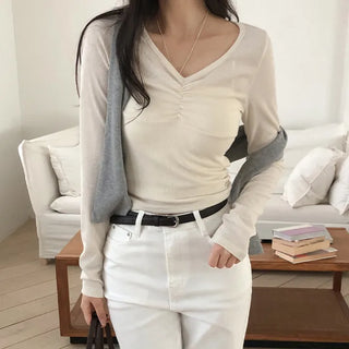 Mainel Shirred V Neck Slim Fit Long Sleeve T Shirt