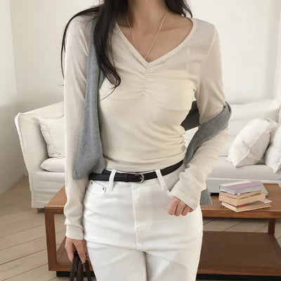Mainel Shirred V Neck Slim Fit Long Sleeve T Shirt