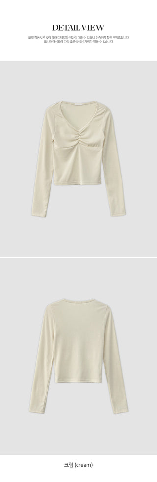 Mainel Shirred V Neck Slim Fit Long Sleeve T Shirt