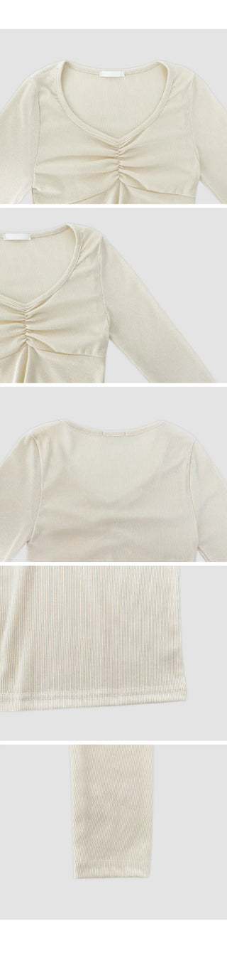 Mainel Shirred V Neck Slim Fit Long Sleeve T Shirt