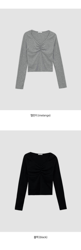 Mainel Shirred V Neck Slim Fit Long Sleeve T Shirt