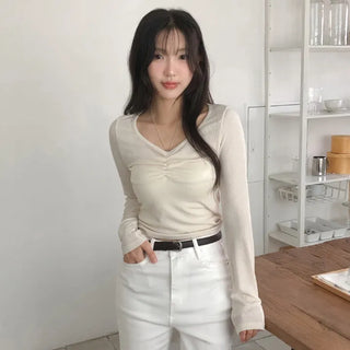 Mainel Shirred V Neck Slim Fit Long Sleeve T Shirt