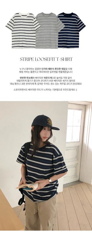 Poached Striped Loose Fit Short Sleeve T shirt