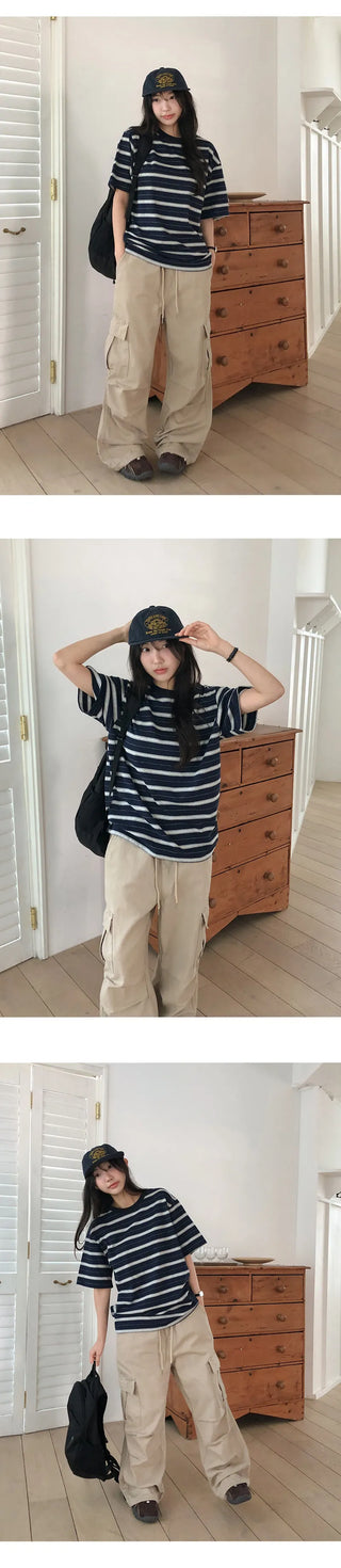 Poached Striped Loose Fit Short Sleeve T shirt