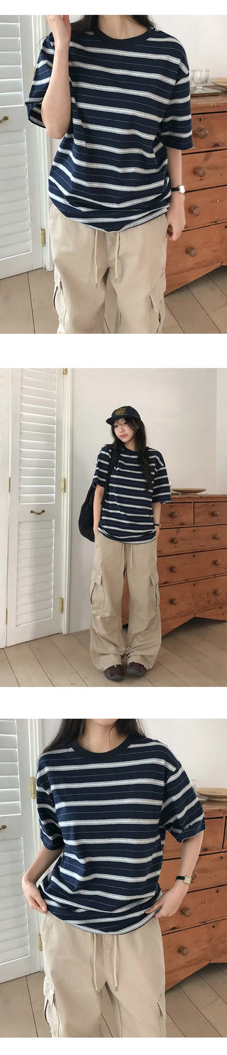 Poached Striped Loose Fit Short Sleeve T shirt