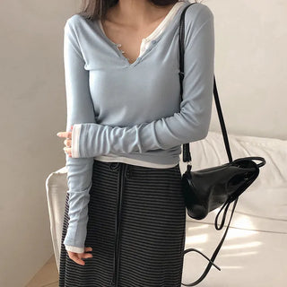Jedel V neck Button Ribbed Long Sleeve T shirt