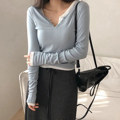 Jedel V neck Button Ribbed Long Sleeve T shirt