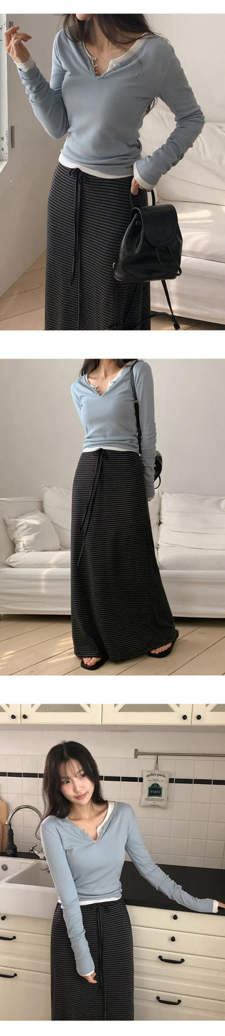 Jedel V neck Button Ribbed Long Sleeve T shirt