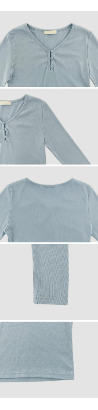 Jedel V neck Button Ribbed Long Sleeve T shirt