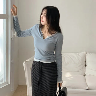 Jedel V neck Button Ribbed Long Sleeve T shirt