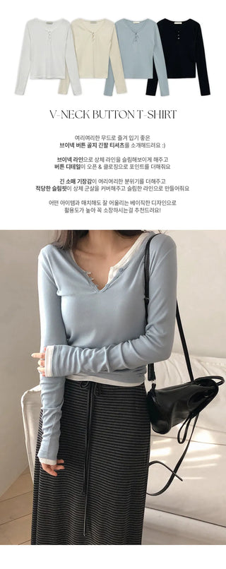 Jedel V neck Button Ribbed Long Sleeve T shirt