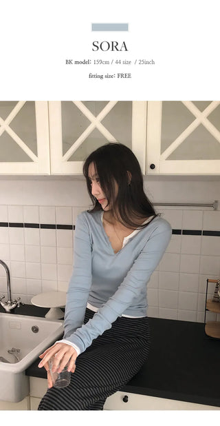Jedel V neck Button Ribbed Long Sleeve T shirt