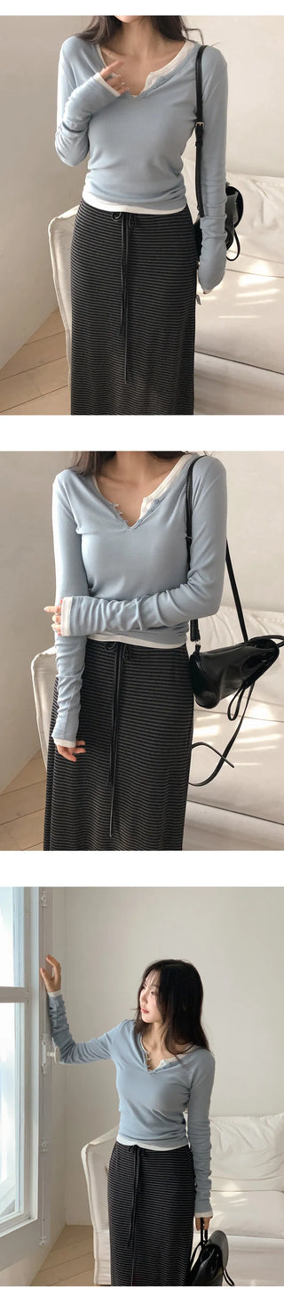 Jedel V neck Button Ribbed Long Sleeve T shirt