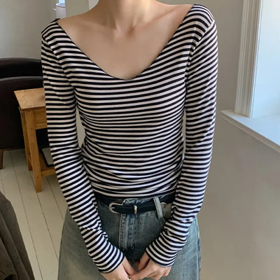 Demien Deep V Neck Striped Long Sleeve T Shirt