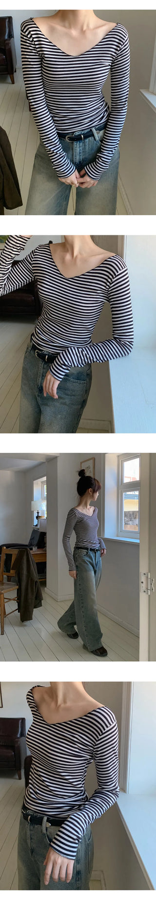 Demien Deep V Neck Striped Long Sleeve T Shirt
