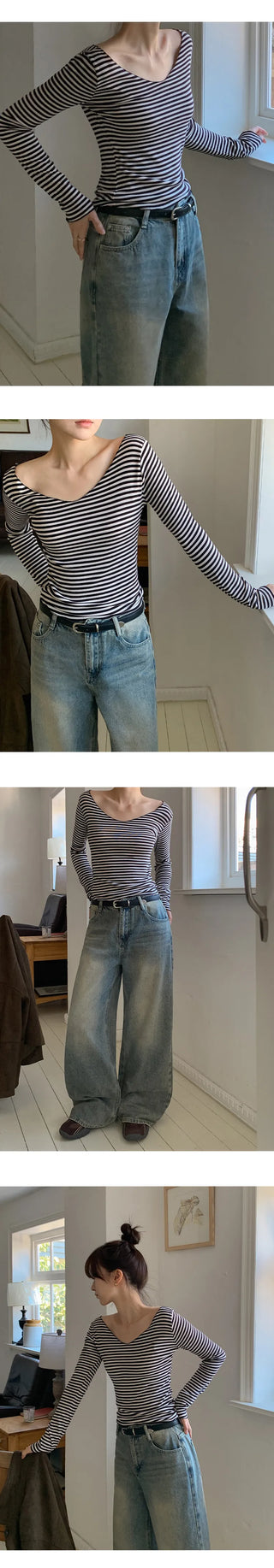Demien Deep V Neck Striped Long Sleeve T Shirt