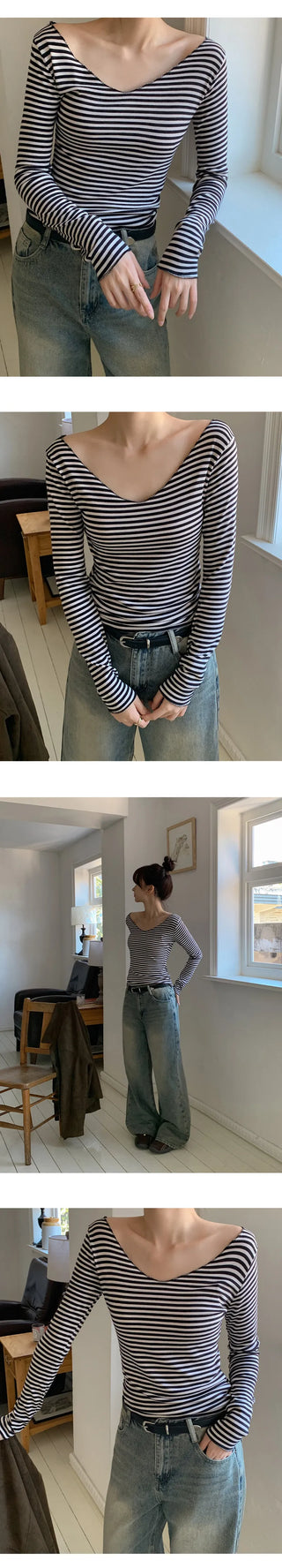 Demien Deep V Neck Striped Long Sleeve T Shirt
