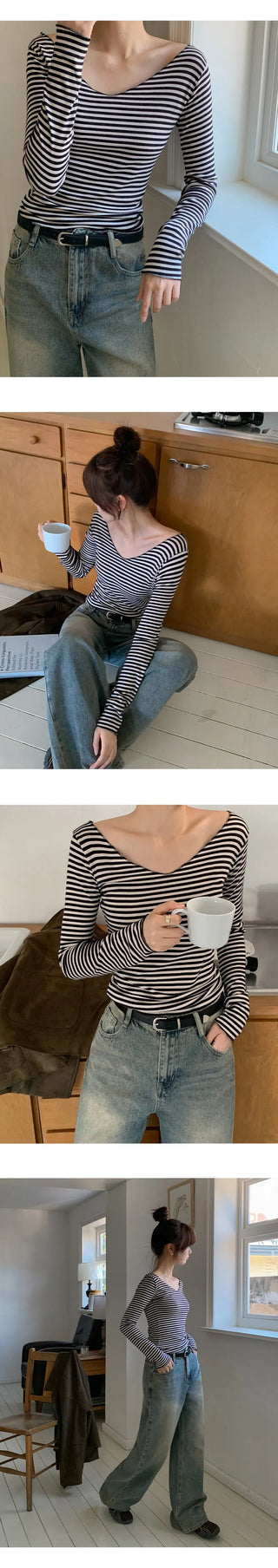 Demien Deep V Neck Striped Long Sleeve T Shirt