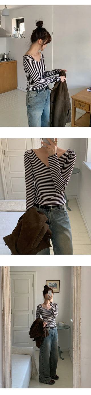 Demien Deep V Neck Striped Long Sleeve T Shirt