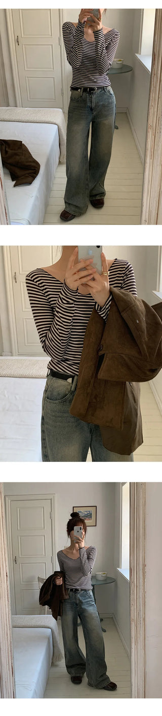 Demien Deep V Neck Striped Long Sleeve T Shirt