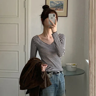 Demien Deep V Neck Striped Long Sleeve T Shirt