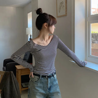 Demien Deep V Neck Striped Long Sleeve T Shirt