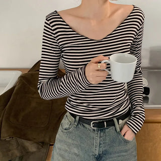Demien Deep V Neck Striped Long Sleeve T Shirt