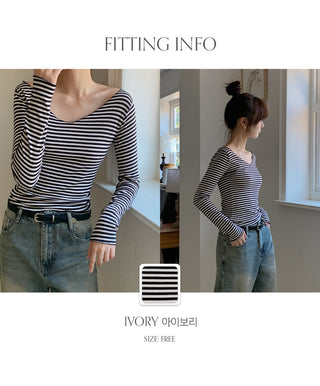 Demien Deep V Neck Striped Long Sleeve T Shirt