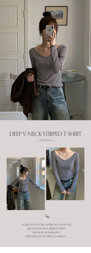 Demien Deep V Neck Striped Long Sleeve T Shirt