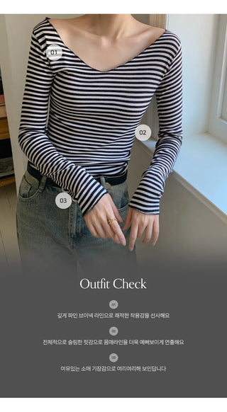 Demien Deep V Neck Striped Long Sleeve T Shirt