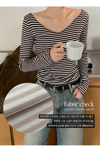 Demien Deep V Neck Striped Long Sleeve T Shirt
