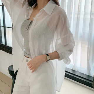 Herte Loose Fit Roll up See through Long Sleeve Shirt