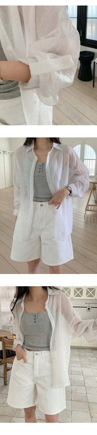 Herte Loose Fit Roll up See through Long Sleeve Shirt