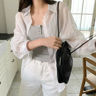 Herte Loose Fit Roll up See through Long Sleeve Shirt