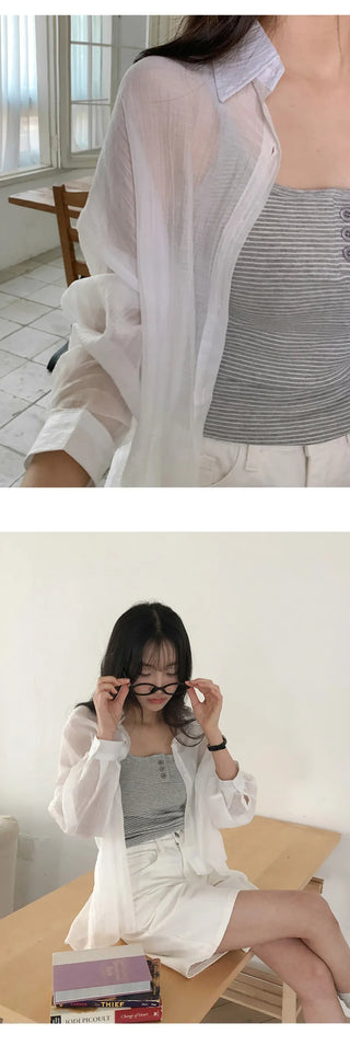 Herte Loose Fit Roll up See through Long Sleeve Shirt
