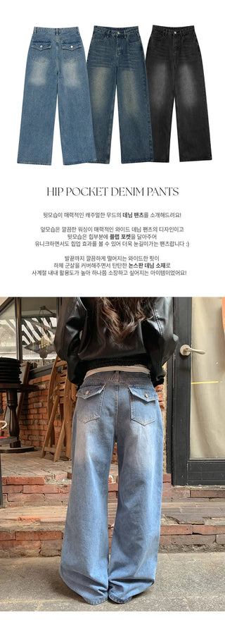 Kaet Hip Pocket Wide Denim Pants