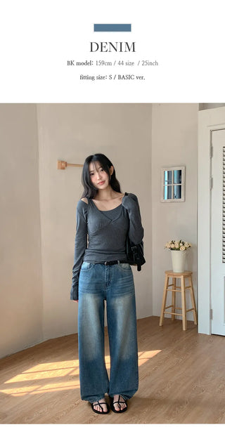Meteo Back Elastic Washed Wide Denim Pants