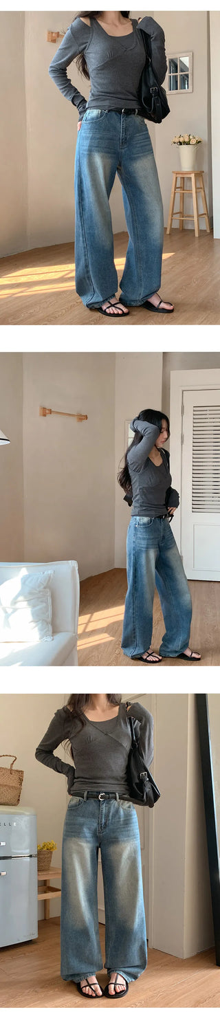 Meteo Back Elastic Washed Wide Denim Pants