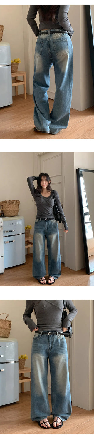 Meteo Back Elastic Washed Wide Denim Pants
