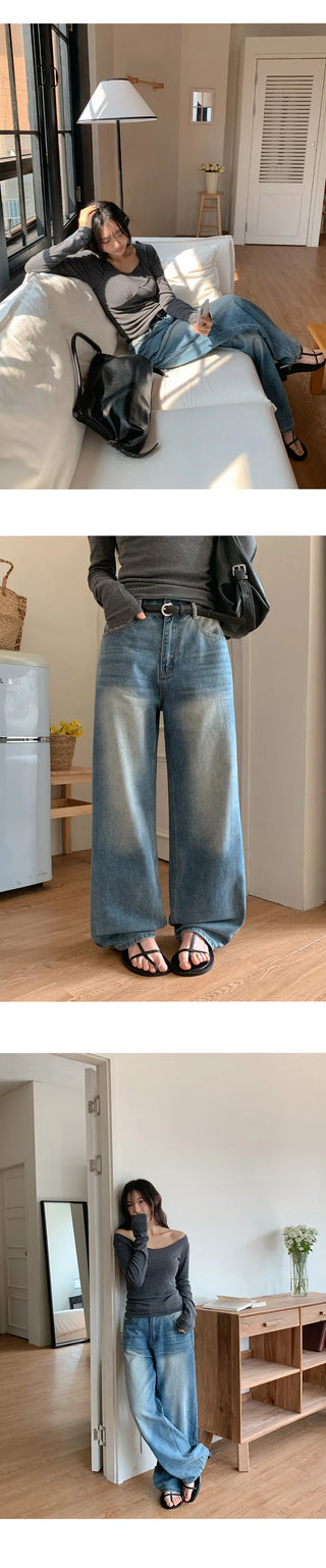 Meteo Back Elastic Washed Wide Denim Pants