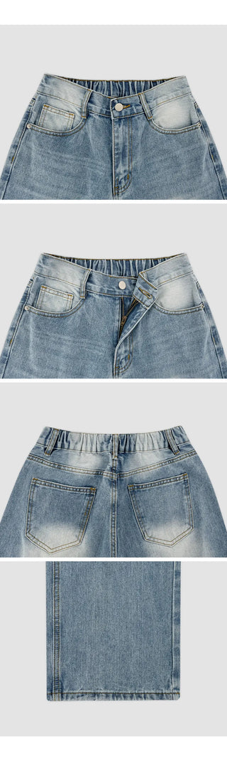 Meteo Back Elastic Washed Wide Denim Pants