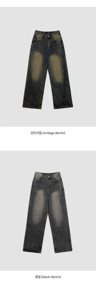 Meteo Back Elastic Washed Wide Denim Pants
