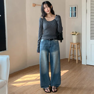 Meteo Back Elastic Washed Wide Denim Pants