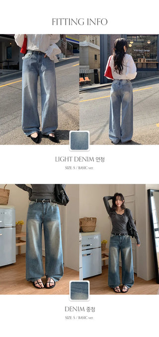 Meteo Back Elastic Washed Wide Denim Pants